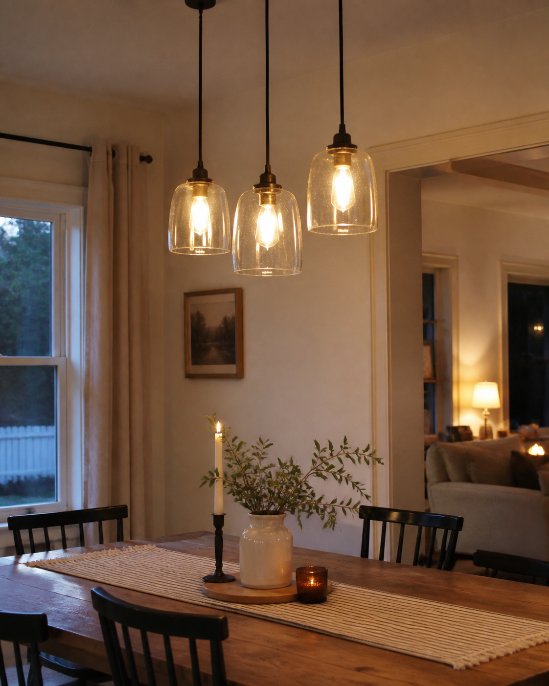 Replaceable sample of a warm dining room with glass pendant lights