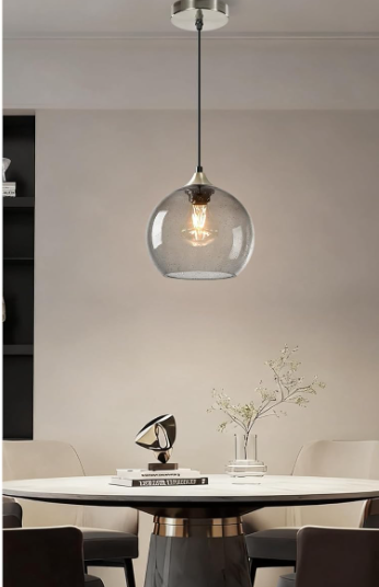 Light Grey Glass Pendant Light for Kitchen Island, Includes 1 Bulb & 4.92FT Adjustable Cord, Modern Pendant Lighting Fixtures for Kitchen, Dining Room, Living Room (7.1in)