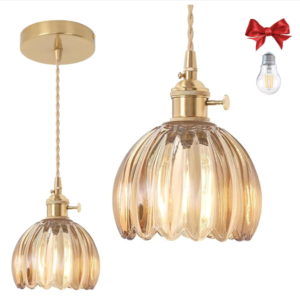 Amber Tulip Glass Pendant Light, 1 Natural Light Bulb Included, Adjustable Cord with Switch, Suitable for Kitchen Island/Dining Room