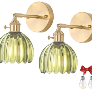 2 Pack Vintage Wall Sconces, Green Tulip Glass Shade Wall Lamp with 2 Natural Light Bulbs, Hardwired Design with Rotary Switch, Decorative Light for Bedroom, Hallway and Living Room