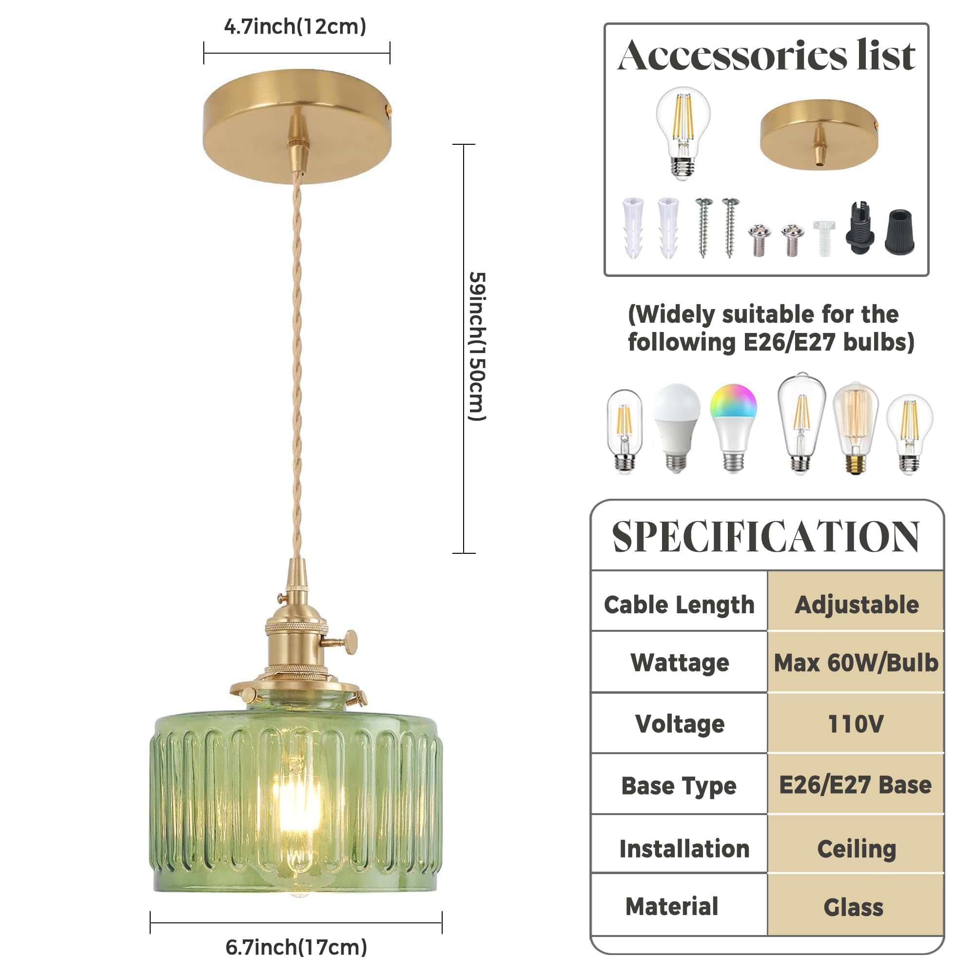 Green Fluted Glass Pendant Light, 1 Bulb, Adjustable Cord with Switch - Image 2