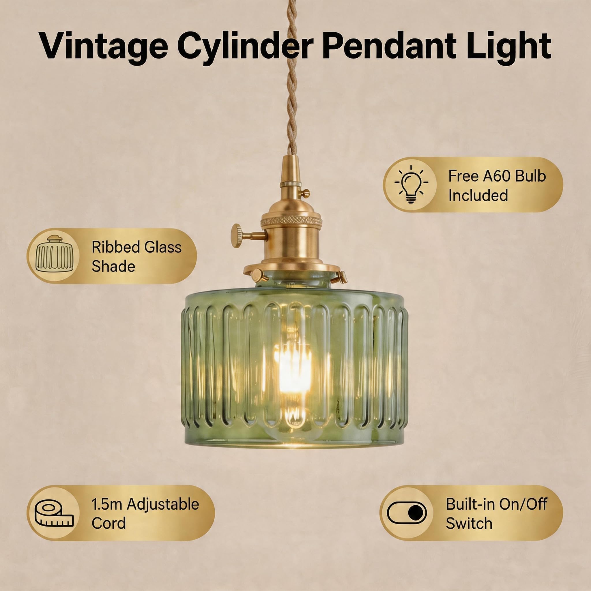 Green Fluted Glass Pendant Light, 1 Bulb, Adjustable Cord with Switch - Image 3