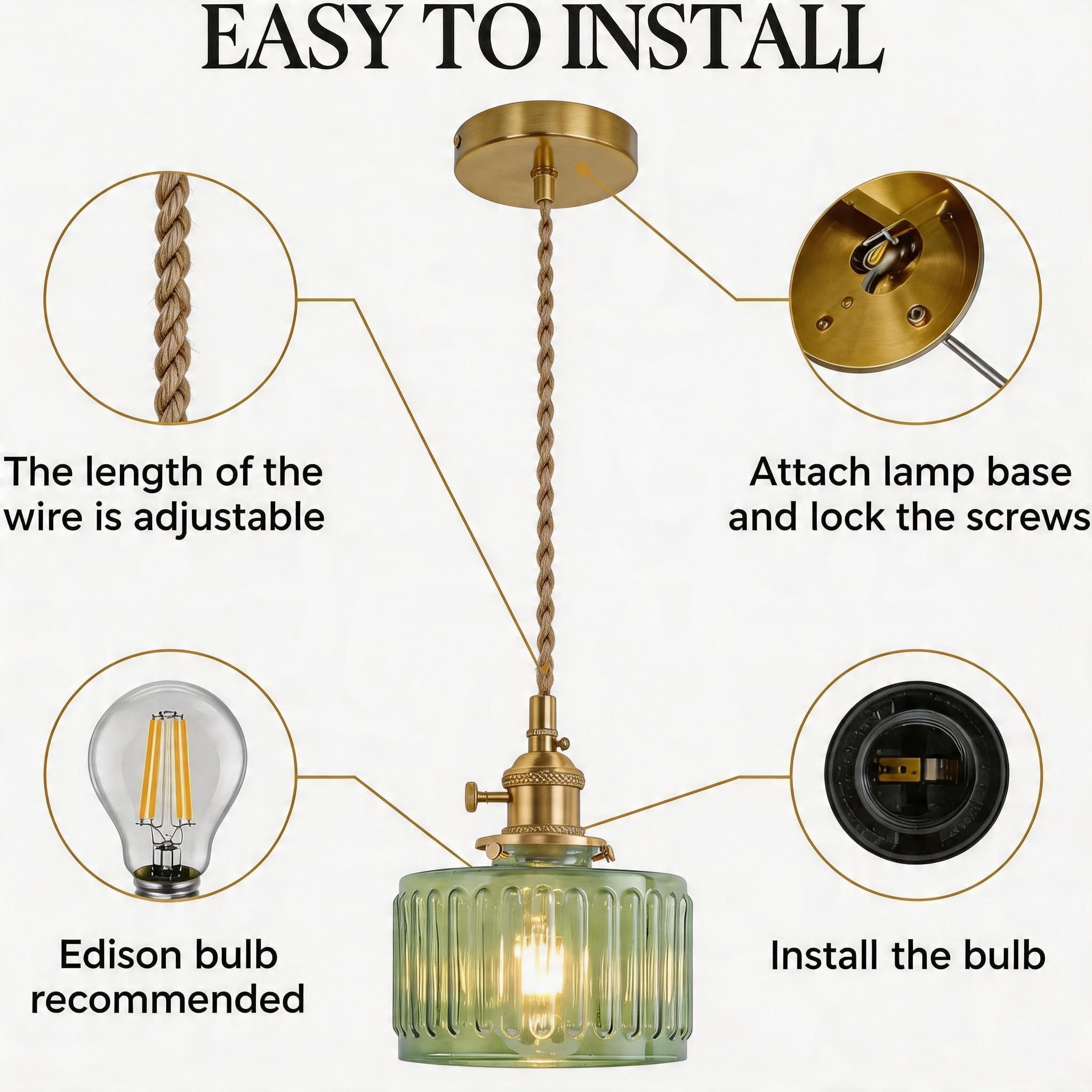 Green Fluted Glass Pendant Light, 1 Bulb, Adjustable Cord with Switch - Image 4