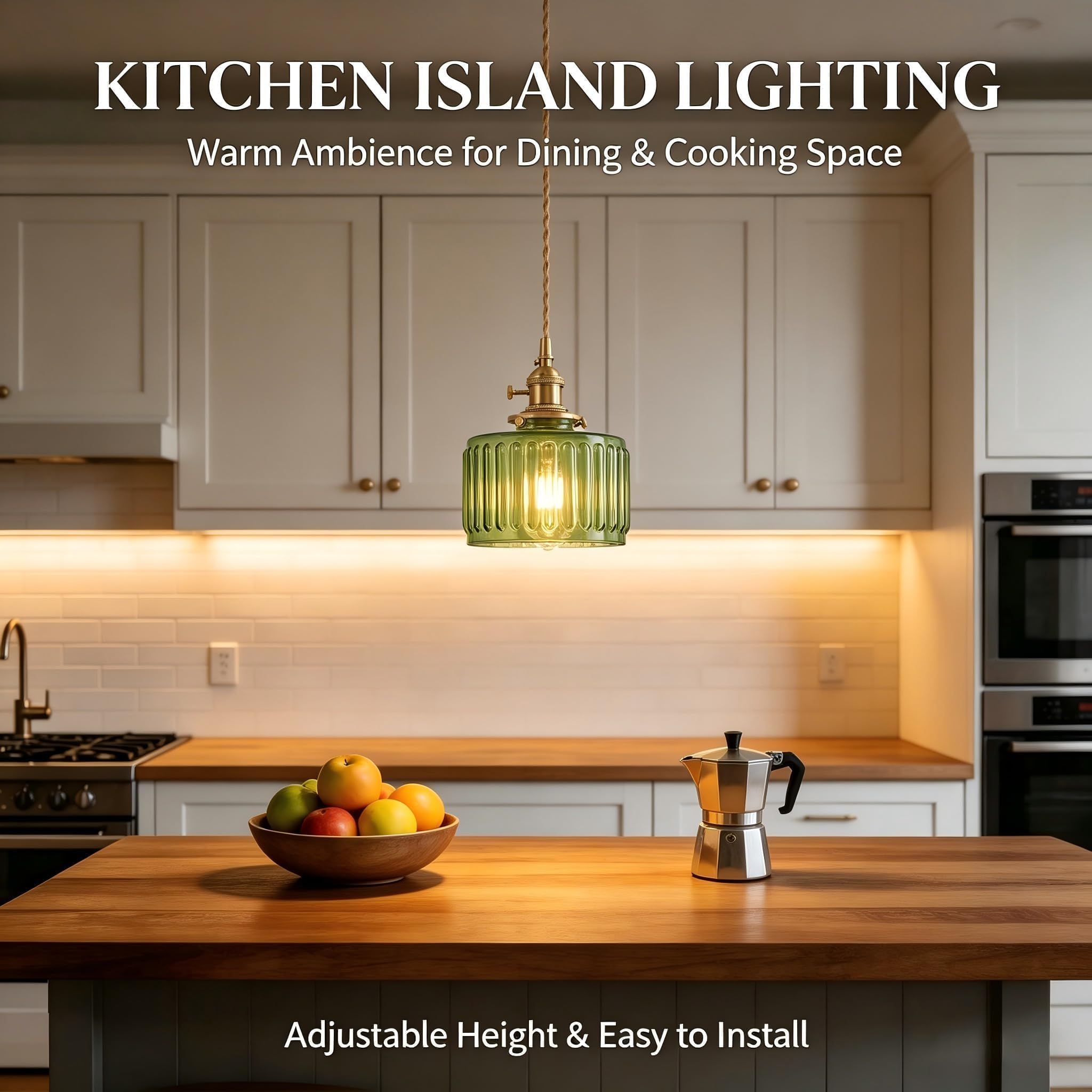 Green Fluted Glass Pendant Light, 1 Bulb, Adjustable Cord with Switch - Image 5