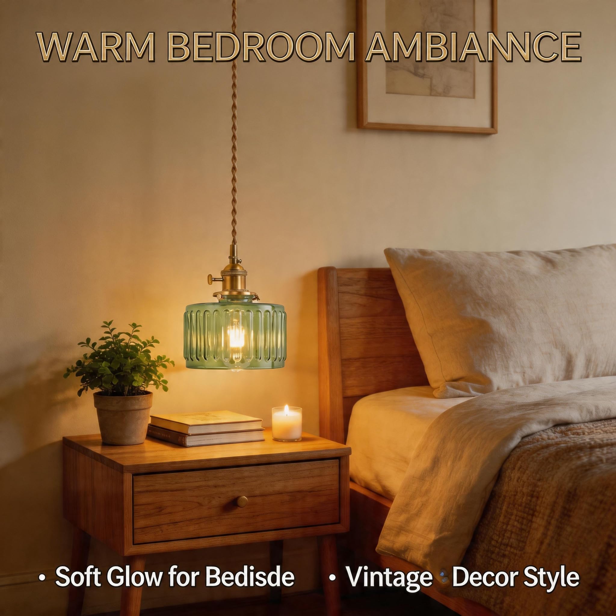 Green Fluted Glass Pendant Light, 1 Bulb, Adjustable Cord with Switch - Image 6