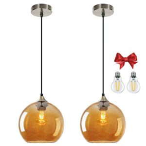 Fiabtool 9.1in Large Amber Glass Pendant Light, 2 Bulbs, 4.92ft Cord