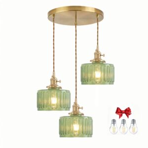 Green Fluted Glass Pendant Light, 3 Bulbs, Adjustable Cord with Switch
