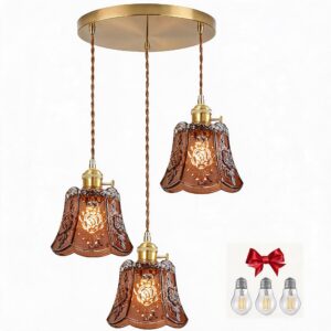 Amber Wind Chime Glass Pendant Light, 3 Bulbs, Adjustable Cord, Switch