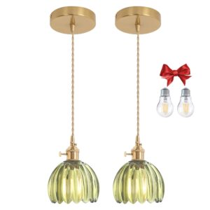 Green Tulip Glass Pendant Light, 2 Bulbs, Adjustable Cord with Switch