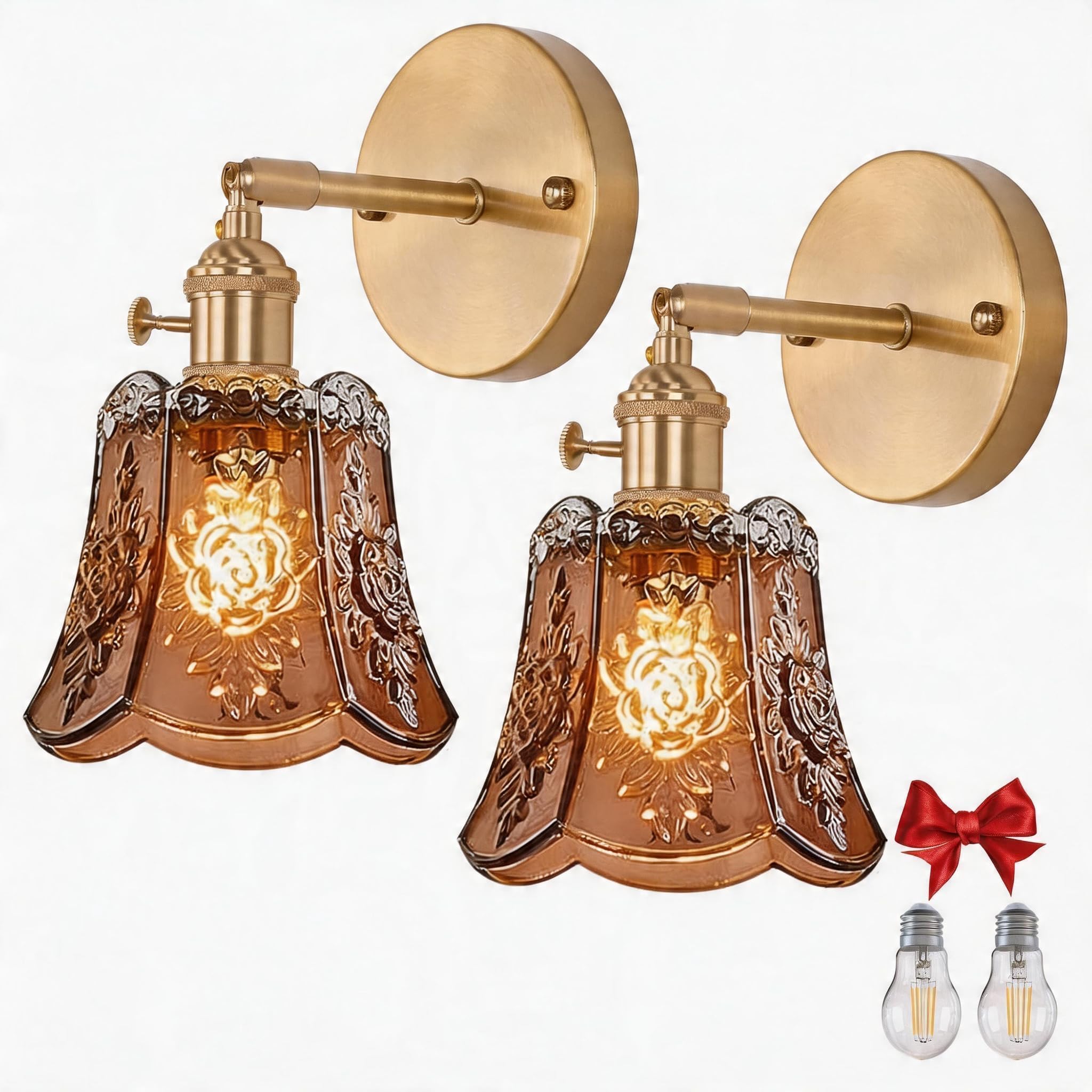 2 Pack Vintage Wall Sconces, Amber Wind Chime Glass, 2 Bulbs, Switch