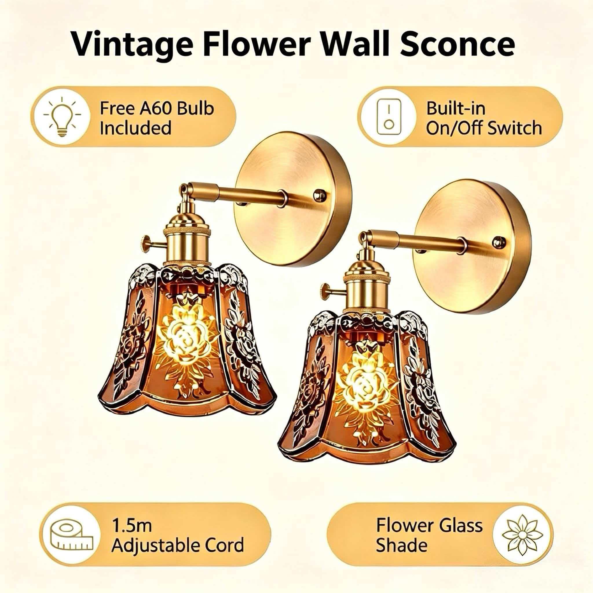 2 Pack Vintage Wall Sconces, Amber Wind Chime Glass, 2 Bulbs, Switch - Image 2