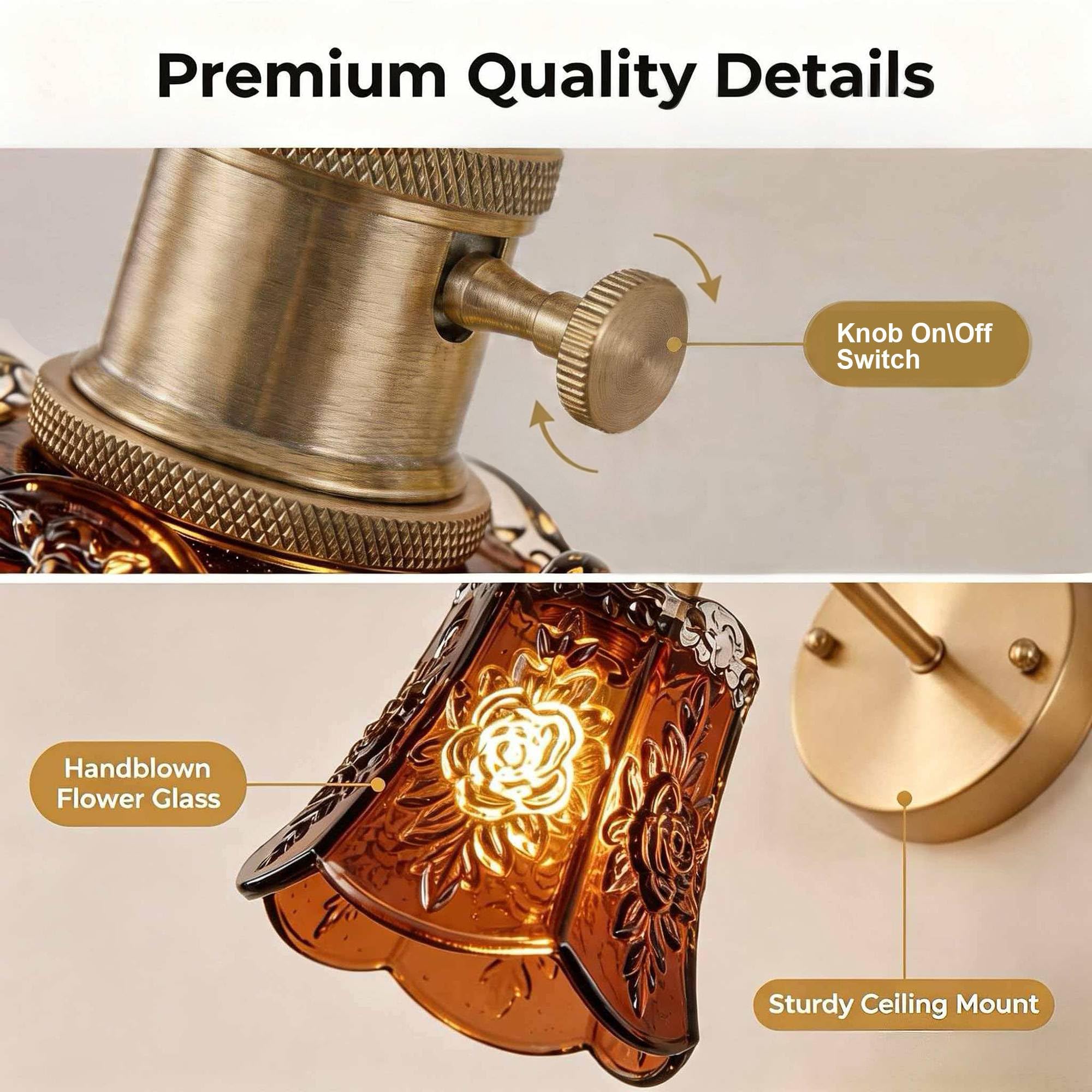 Fiabtool 2 Pack Vintage Wall Sconces, Amber Wind Chime Glass Shade Wall Lamp with 2 Natural Light Bulbs, Hardwired Design with Rotary Switch, Decorative Light for Bedroom Hallway Living Room - Image 3