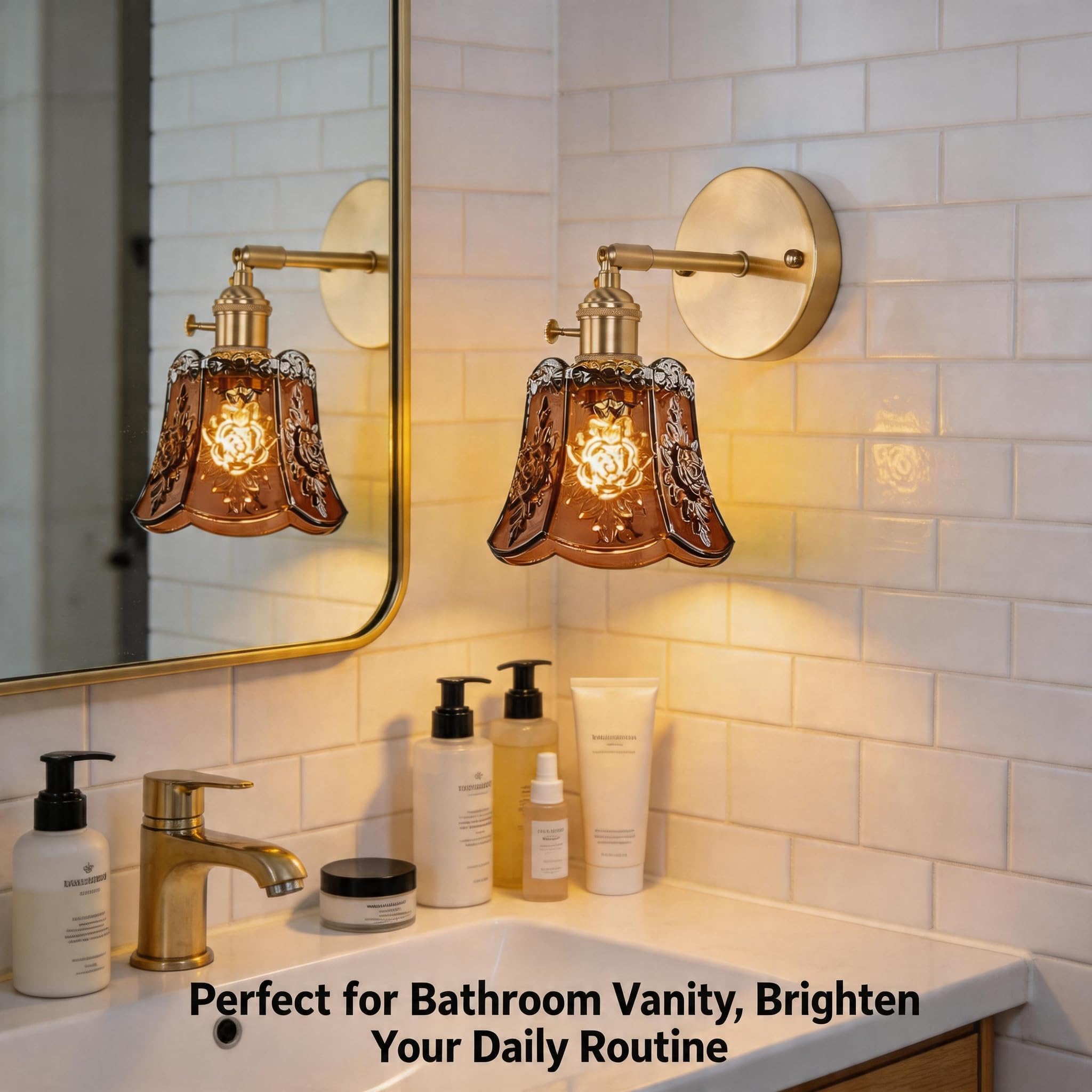 Fiabtool 2 Pack Vintage Wall Sconces, Amber Wind Chime Glass Shade Wall Lamp with 2 Natural Light Bulbs, Hardwired Design with Rotary Switch, Decorative Light for Bedroom Hallway Living Room - Image 4