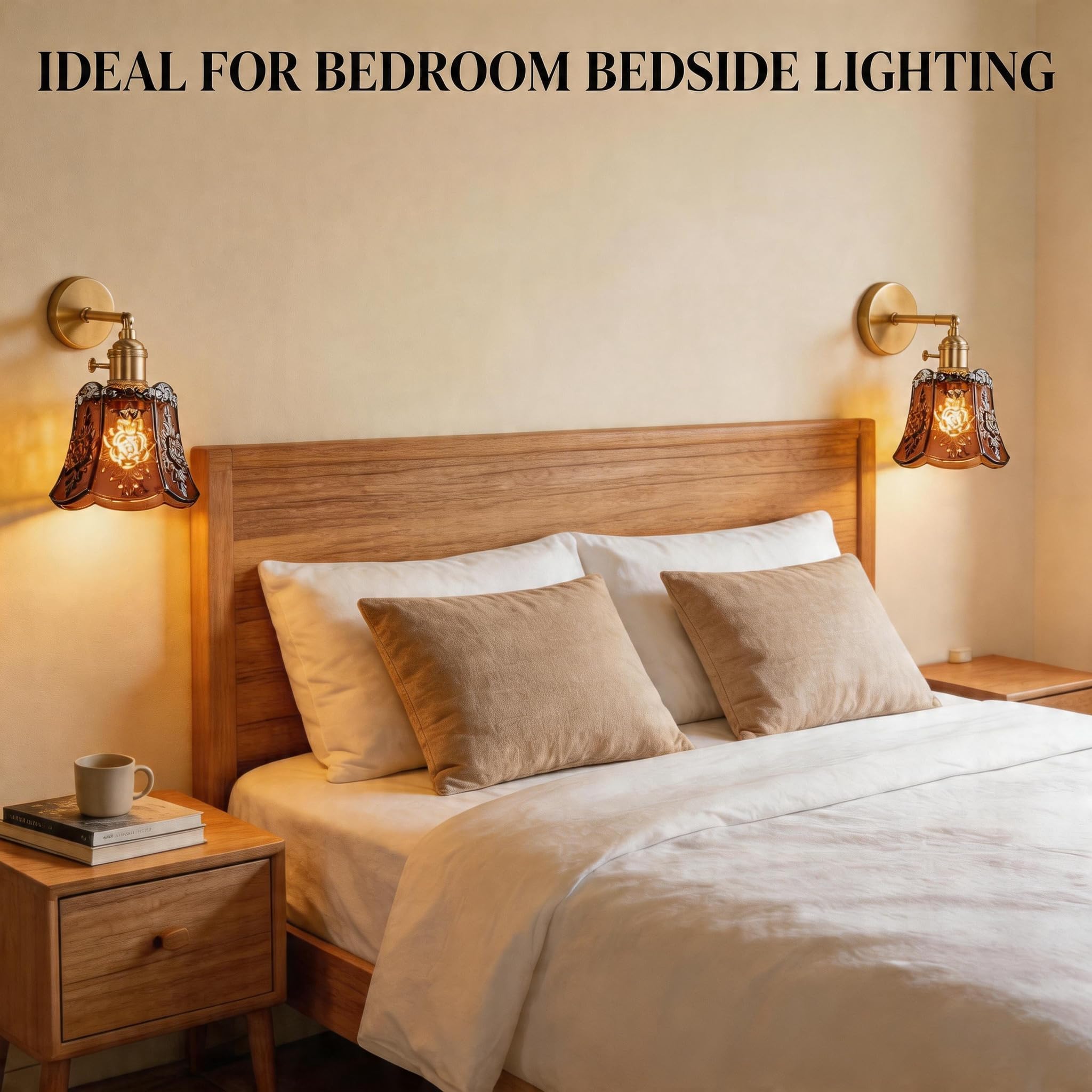 Fiabtool 2 Pack Vintage Wall Sconces, Amber Wind Chime Glass Shade Wall Lamp with 2 Natural Light Bulbs, Hardwired Design with Rotary Switch, Decorative Light for Bedroom Hallway Living Room - Image 5