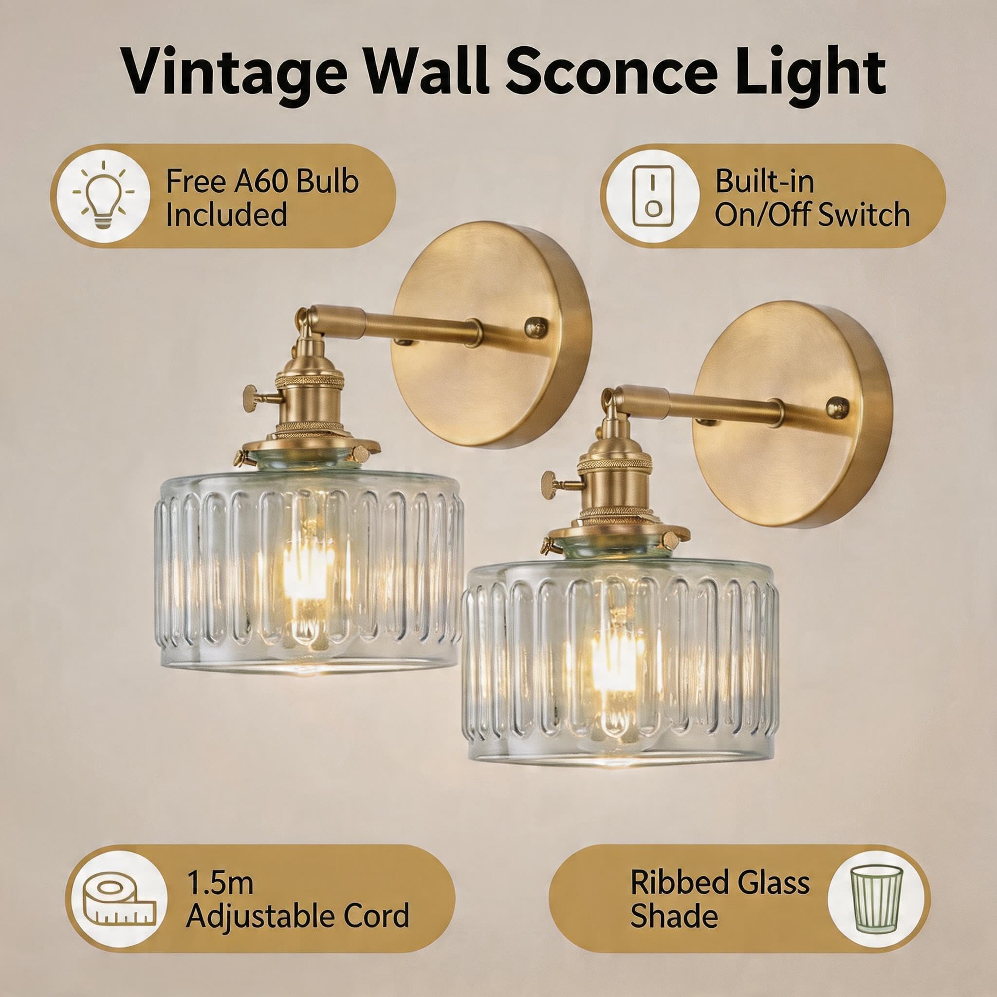 Fiabtool 2 Pack Vintage Wall Sconces, Fluted Glass Shade Wall Lamp with 2 Natural Light Bulbs, Hardwired Design with Rotary Switch, Decorative Light for Bedroom Hallway Living Room - Image 2