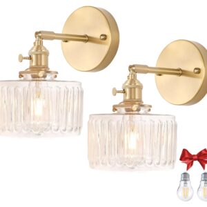 Fiabtool 2 Pack Vintage Wall Sconces, Fluted Glass Shade Wall Lamp with 2 Natural Light Bulbs, Hardwired Design with Rotary Switch, Decorative Light for Bedroom Hallway Living Room