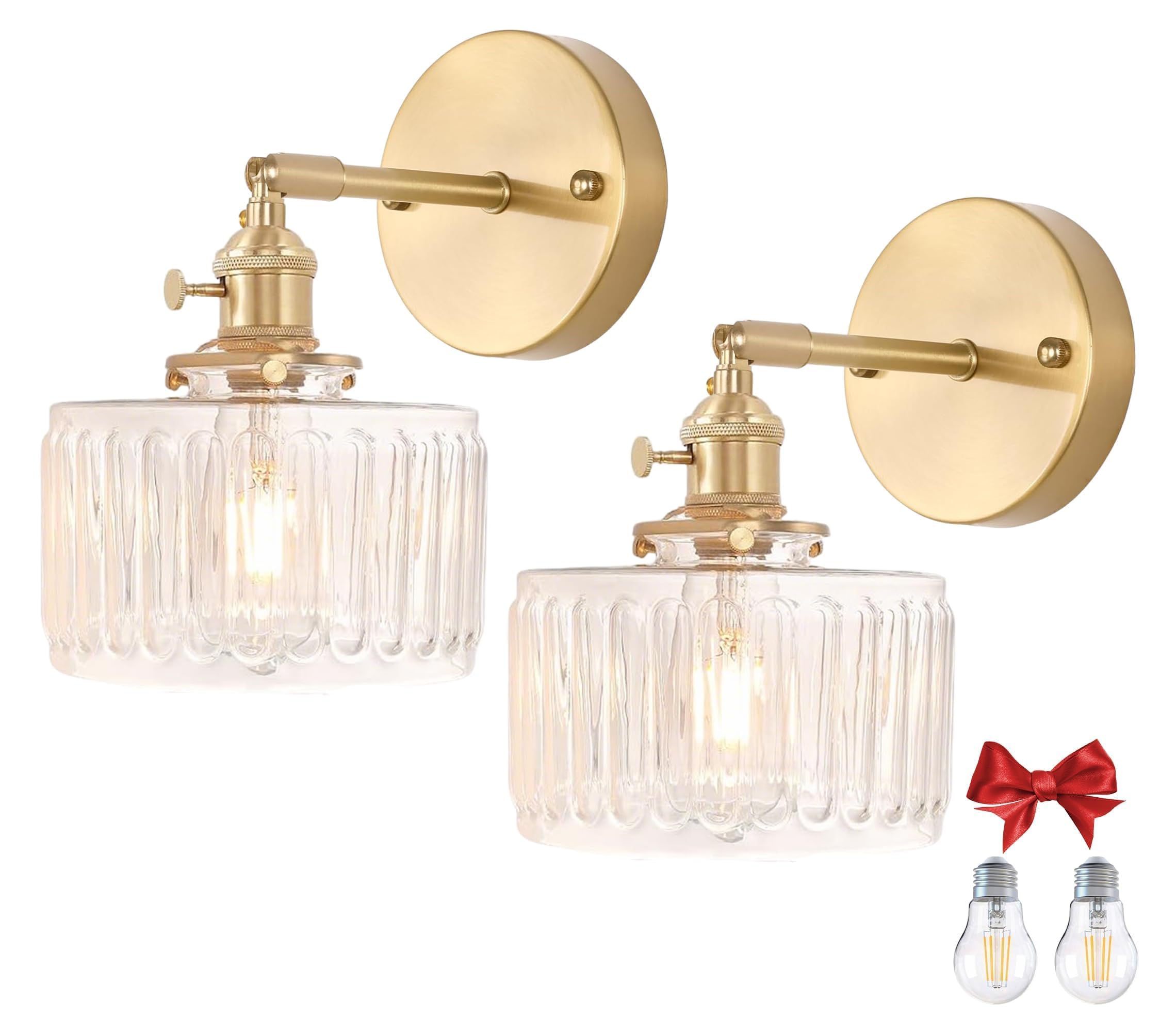 Fiabtool 2 Pack Vintage Wall Sconces, Fluted Glass Shade Wall Lamp with 2 Natural Light Bulbs, Hardwired Design with Rotary Switch, Decorative Light for Bedroom Hallway Living Room