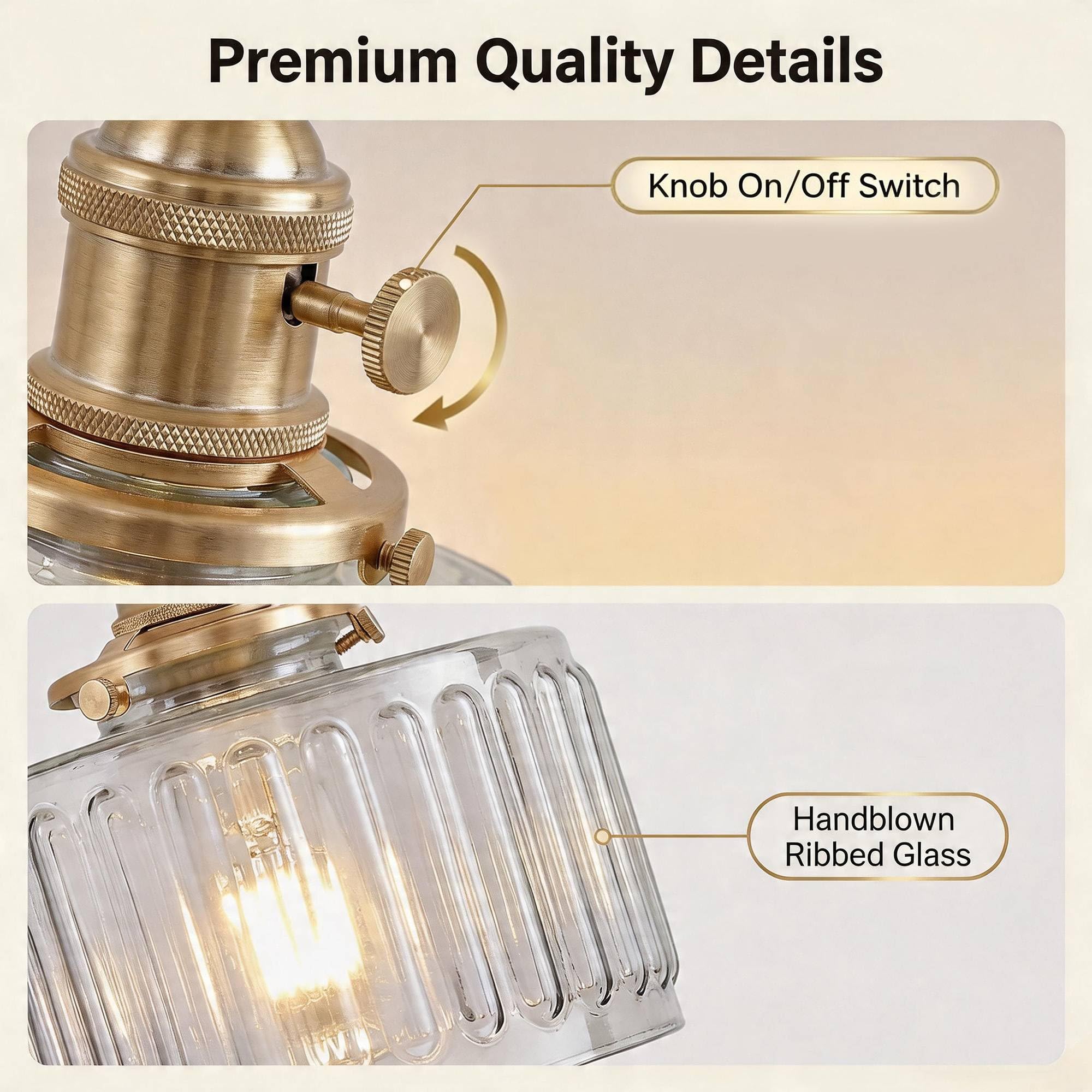 Fiabtool 2 Pack Vintage Wall Sconces, Fluted Glass Shade Wall Lamp with 2 Natural Light Bulbs, Hardwired Design with Rotary Switch, Decorative Light for Bedroom Hallway Living Room - Image 3