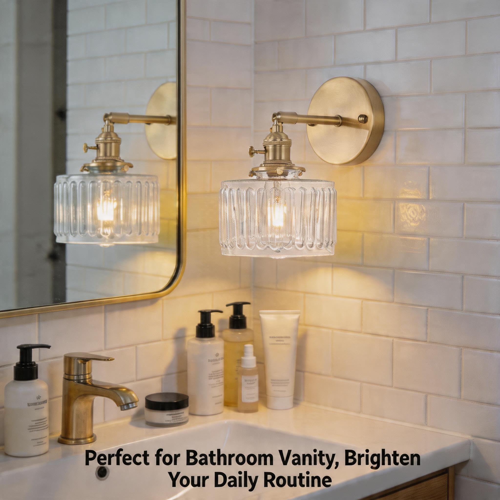 Fiabtool 2 Pack Vintage Wall Sconces, Fluted Glass Shade Wall Lamp with 2 Natural Light Bulbs, Hardwired Design with Rotary Switch, Decorative Light for Bedroom Hallway Living Room - Image 4