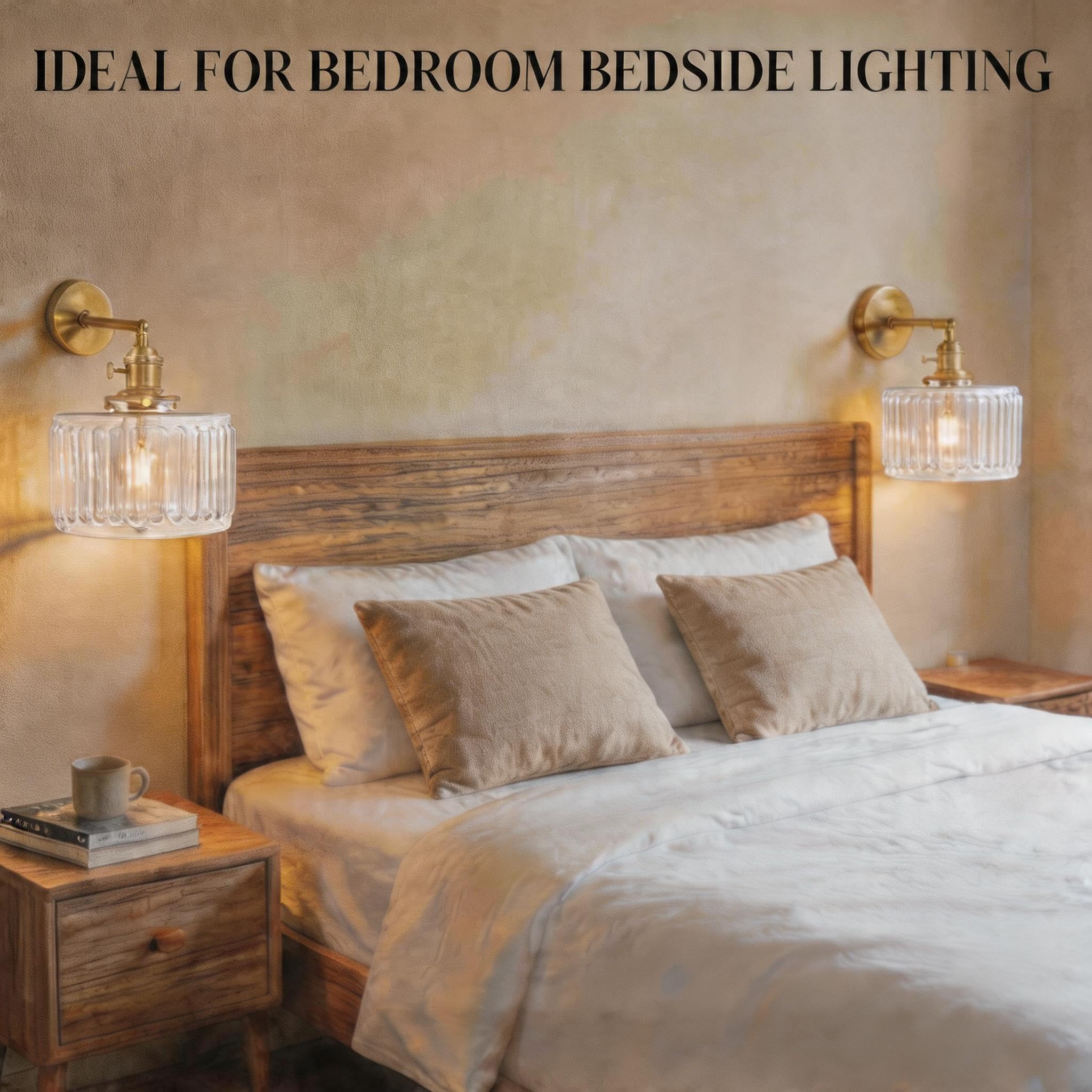 Fiabtool 2 Pack Vintage Wall Sconces, Fluted Glass Shade Wall Lamp with 2 Natural Light Bulbs, Hardwired Design with Rotary Switch, Decorative Light for Bedroom Hallway Living Room - Image 5