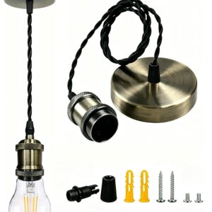 [UL Listed]Vintage Brass  Pendant Light Kit Industrial, E26 Lamp Socket Adjustable Hanging Pendant Light, Retro Ceiling Lamp Kit for Kitchen Island Hallway
