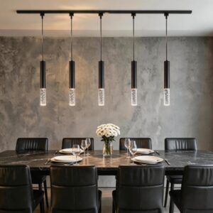 Fiabtool Kitchen Island 5 LED Black Track Pendant Light Kit, 120V 3CCT, 3-Light Crystal Pendant Light with 9.84FT H-Type Rails, Modern Ceiling Light Fixture for Dining Room Living Room Cafe