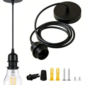Fiabtool [UL Listed] Black Pendant Light Kit Industrial, E26 Lamp Socket Adjustable Hanging Pendant Light, Vintage Edison Pendant Light Cord Fixture, Retro Ceiling Lamp Kit for Kitchen Island Hallway