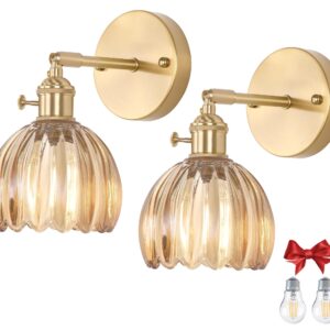 Fiabtool 2 Pack Vintage Wall Sconces, Amber Tulip Glass Shade Wall Lamp with 2 Natural Light Bulbs, Hardwired Design with Rotary Switch, Decorative Light for Bedroom Hallway Living Room