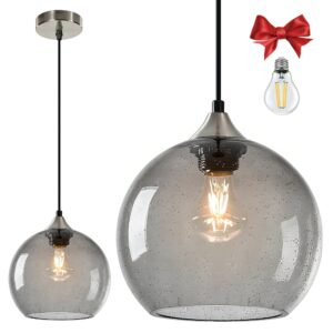 Fiabtool Large Light Grey Glass Pendant Light for Kitchen Island, Includes 1 Bulb & 4.92FT Adjustable Cord, Modern Pendant Lighting Fixtures for Kitchen, Dining Room, Living Room(9.1in)